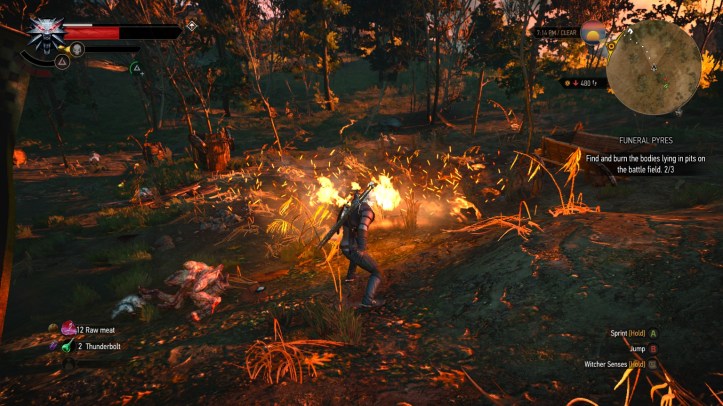 Geralt casts Ignis on a pile of bodies in a battlefield for the quest Funeral Pyres.
