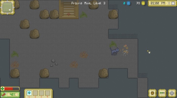 Serif breaking a rock in Prairie Mine, Level 3.